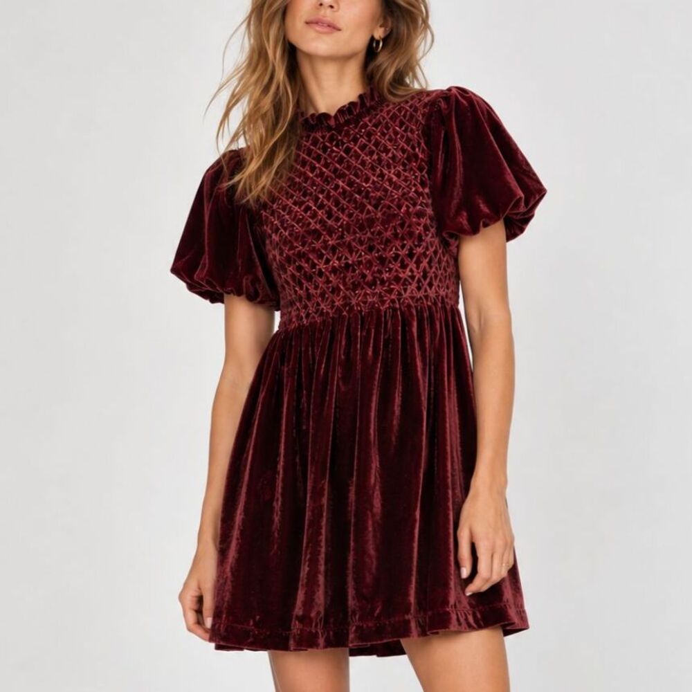 Free People Gum Drop Velvet Mini Dress Burgundy Smocked Open Back XS